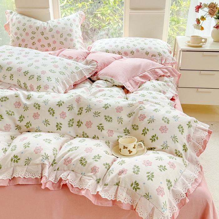 91家纺网 家纺一手货源 找家纺 晨晨家纺2025新款全棉双层花边双层纱四件套 絮语