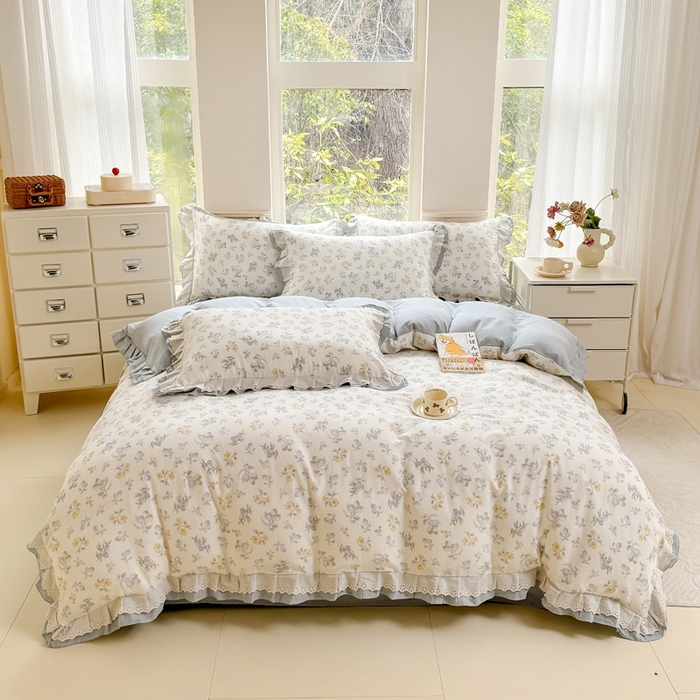 91家纺网 家纺一手货源 找家纺 晨晨家纺2025新款全棉双层花边双层纱四件套 伊甸园之梦-蓝