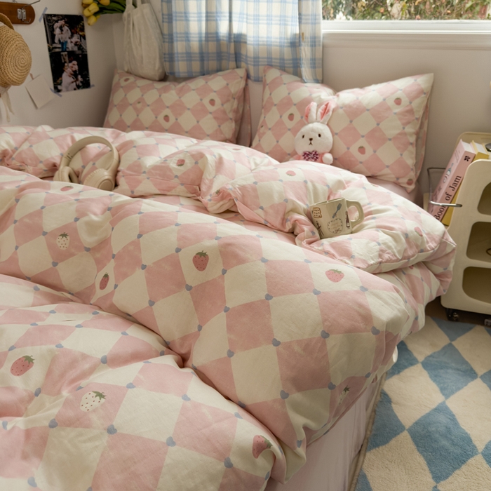 91家纺网 家纺一手货源 找家纺 塔塔家居  2025新款全棉纯棉双层纱四件套 草莓酱·粉