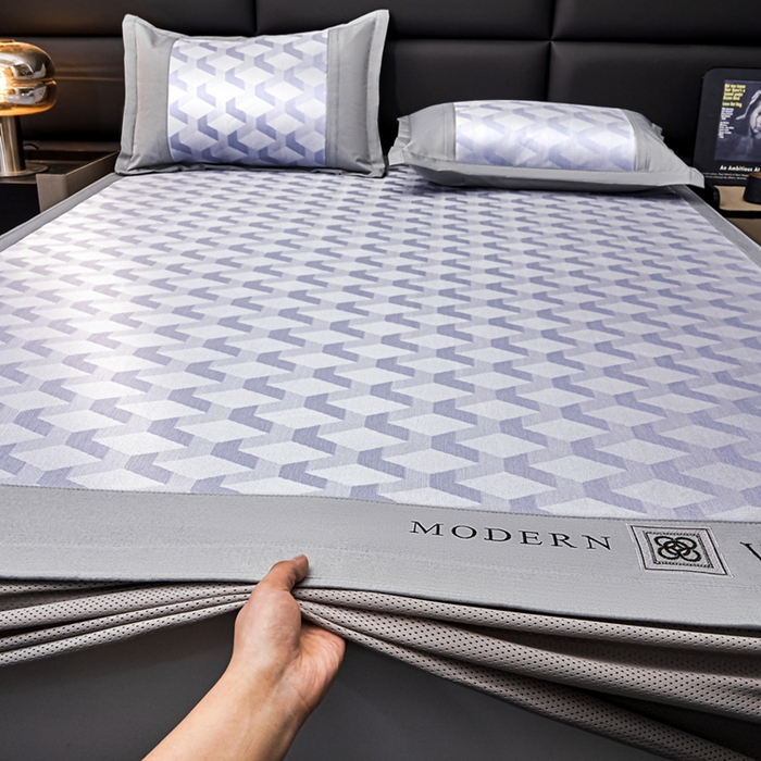 91家纺网 家纺一手货源 找家纺 全季家居 2025新款5A抗菌3D立体冰柔凉感冰丝席 菱形-天蓝 床笠款