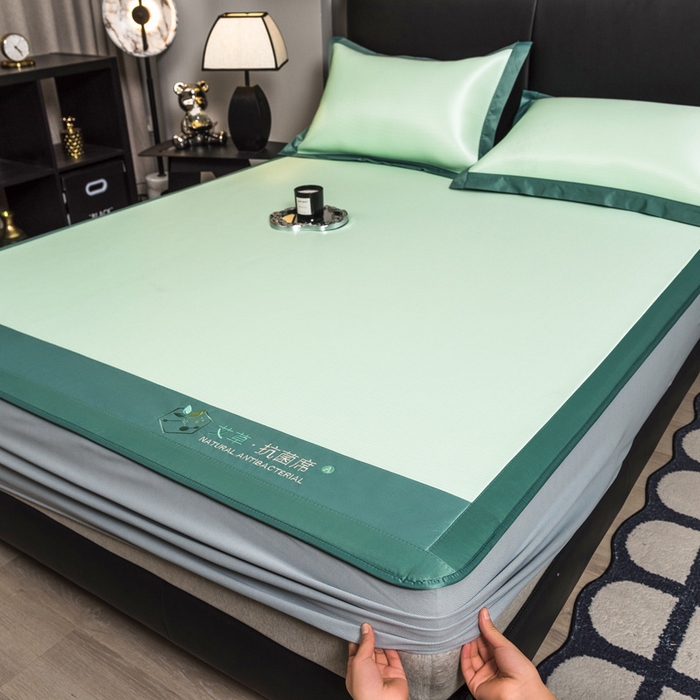 91家纺网 家纺一手货源 找家纺 全季家居 2025新款5A加厚加密艾草碳光席冰丝席 床笠-水绿