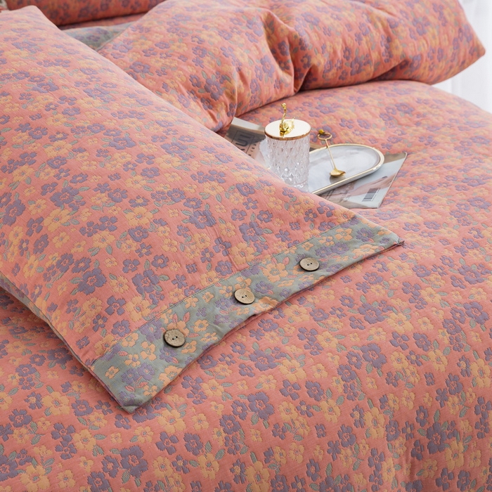 91家纺网 家纺一手货源 找家纺 2025新款全棉色织双层纱纽扣款四件套  清新之歌-粉