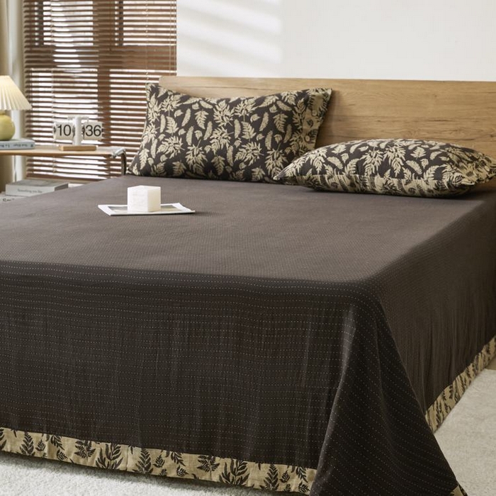 91家纺网 家纺一手货源 找家纺 2025新款全棉色织双层纱纽扣款四件套 扶苏-深咖