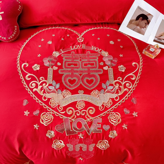 91家纺网 家纺一手货源 找家纺 2025新款100支150克双面长绒棉婚庆绣花四件套 喜韵佳缘