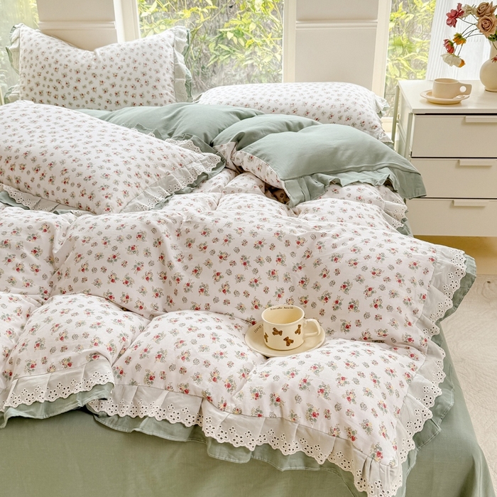 91家纺网 家纺一手货源 找家纺 晨晨家纺2025新款全棉双层花边双层纱四件套 花知晓