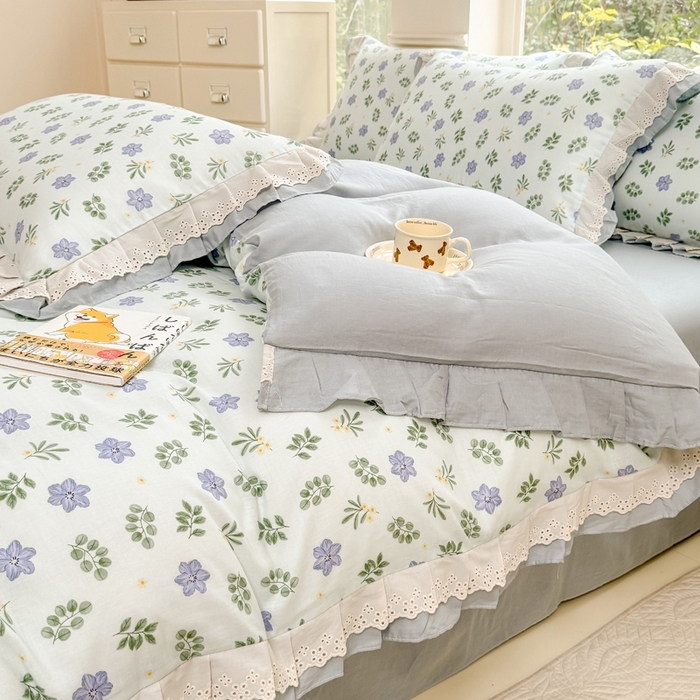 91家纺网 家纺一手货源 找家纺 晨晨家纺2025新款全棉双层花边双层纱四件套 浅浅花漾