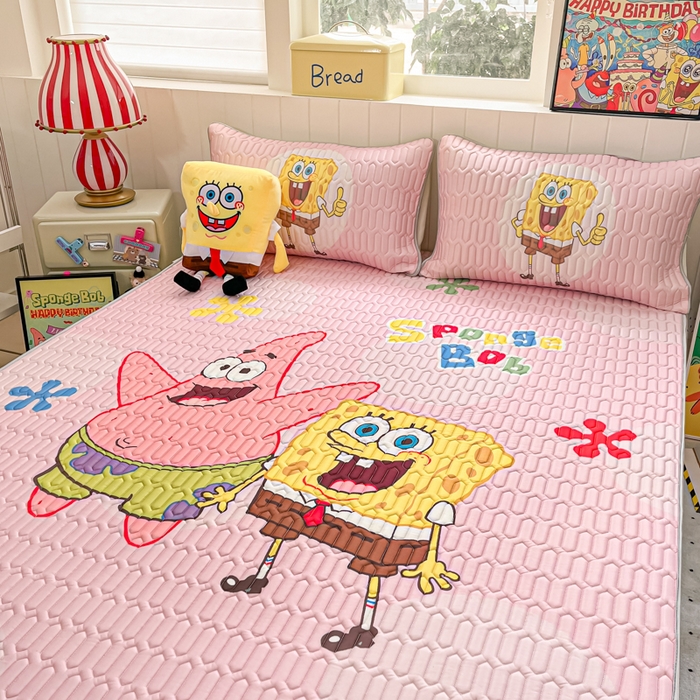 91家纺网 家纺一手货源 找家纺 金爱家 2025新款海绵宝宝乳胶凉席床席款凉席席子 床席款-粉粉海绵宝宝