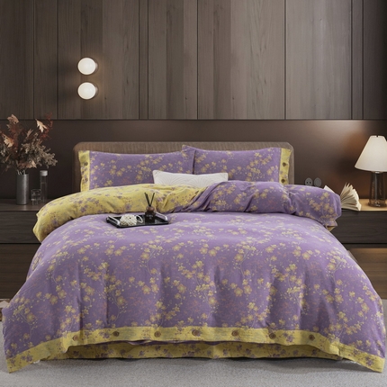 2025新款全棉色织双层纱纽扣款四件套 织梦-浅紫