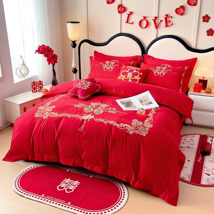 91家纺网 家纺一手货源 找家纺 2025新款100支150克双面长绒棉婚庆绣花四件套 吾家有喜