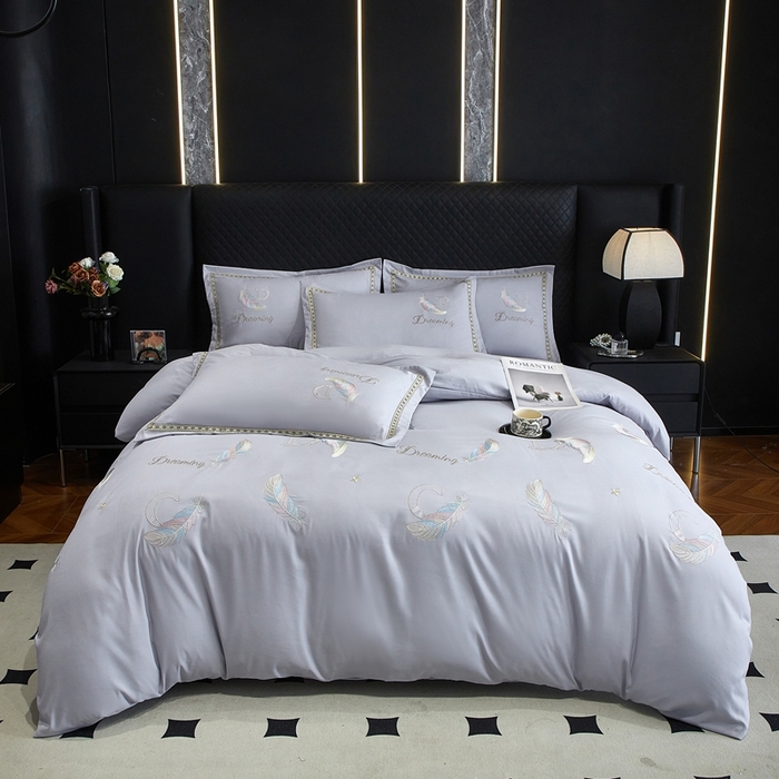 91家纺网 家纺一手货源 找家纺 佳宇轩 2025爆款水洗棉五彩刺绣四件套简约轻奢织带绣花床单床笠被罩4件套-蜜羽 蜜羽-浅灰