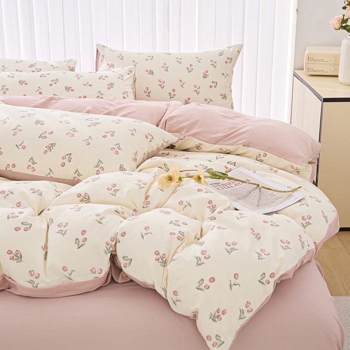 91家纺网 家纺一手货源 找家纺 蕾诺家纺 2025新款直播新款A类有氧提花云纱棉圆角吊边工艺四件套学生三件套 少女花季