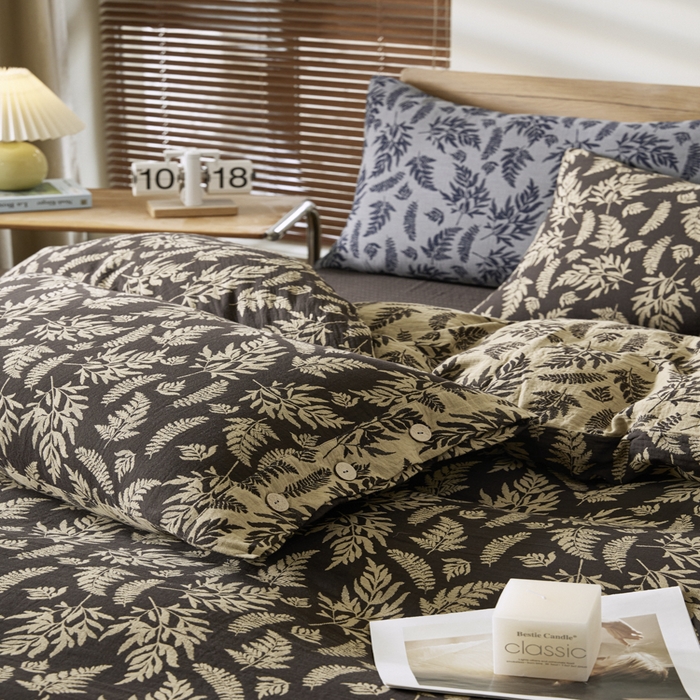 91家纺网 家纺一手货源 找家纺 2025新款全棉色织双层纱纽扣款四件套 扶苏-深咖