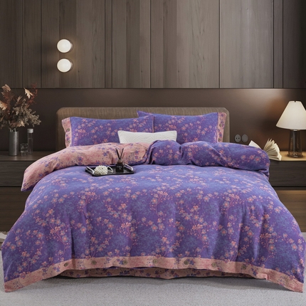 2025新款全棉色织双层纱纽扣款四件套 织梦-紫罗兰