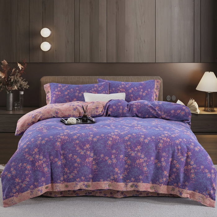 91家纺网 家纺一手货源 找家纺 2025新款全棉色织双层纱纽扣款四件套 织梦-紫罗兰