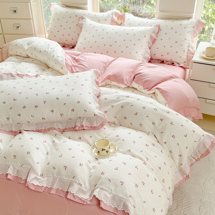 91家纺网 家纺一手货源 找家纺 晨晨家纺2025新款全棉双层花边双层纱四件套 秋实