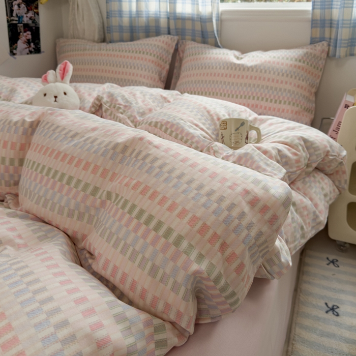 91家纺网 家纺一手货源 找家纺 塔塔家居  2025新款全棉纯棉双层纱四件套 多彩