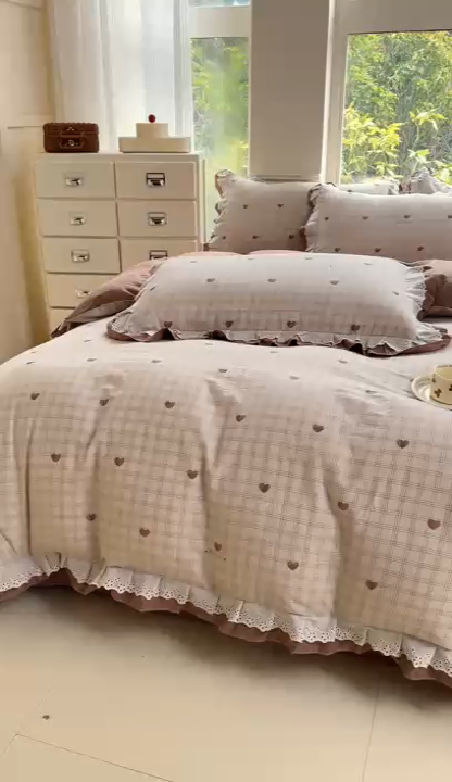 91家纺网 家纺一手货源 找家纺 晨晨家纺2025新款全棉双层花边双层纱四件套 心动-咖