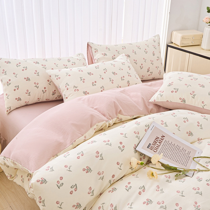 91家纺网 家纺一手货源 找家纺 蕾诺家纺 2025新款直播新款A类有氧提花云纱棉圆角吊边工艺四件套学生三件套 少女花季