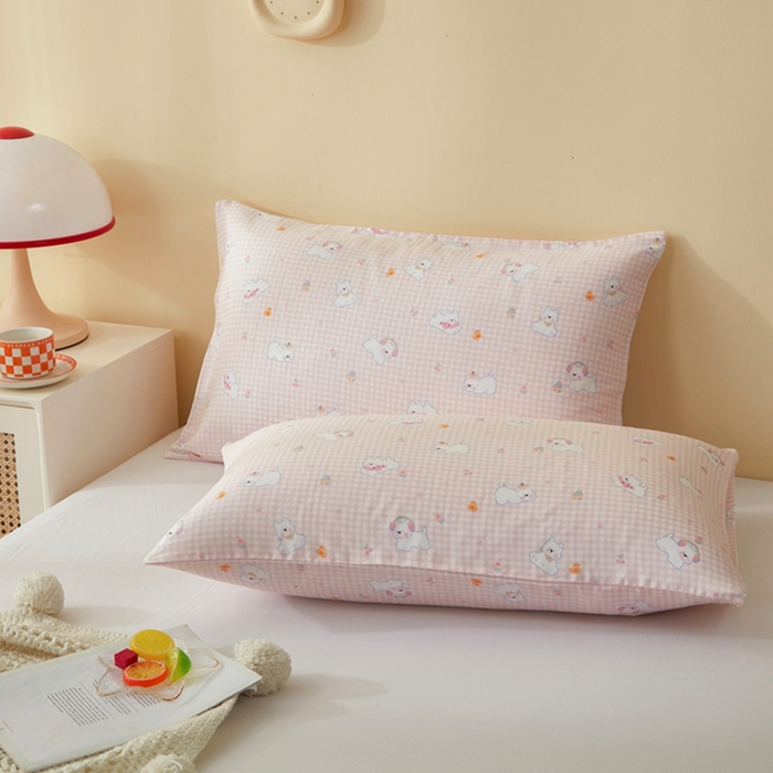 91家纺网 家纺一手货源 找家纺 2025款A类母婴级全棉双层纱枕套_4032 格子狗粉