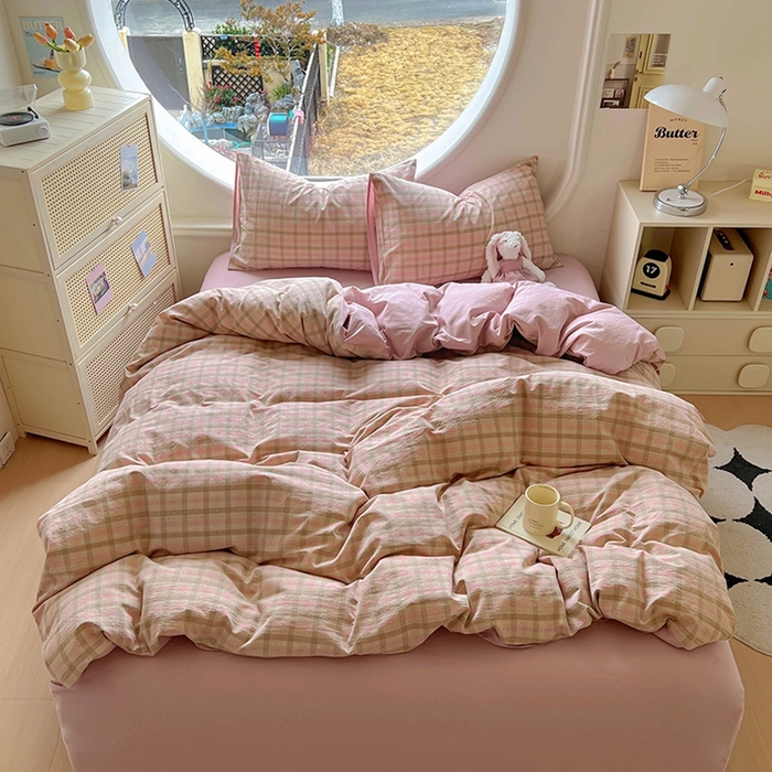 91家纺网 家纺一手货源 找家纺 田野 2025新款全棉水洗棉提花点点系列四件套 点点-粉