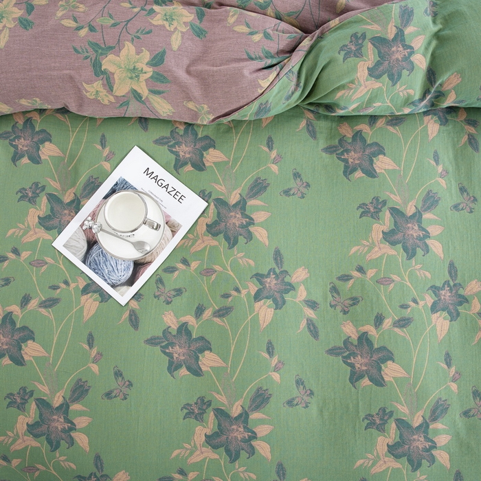 91家纺网 家纺一手货源 找家纺 2025新款全棉色织双层纱纽扣款四件套 和和美美-绿