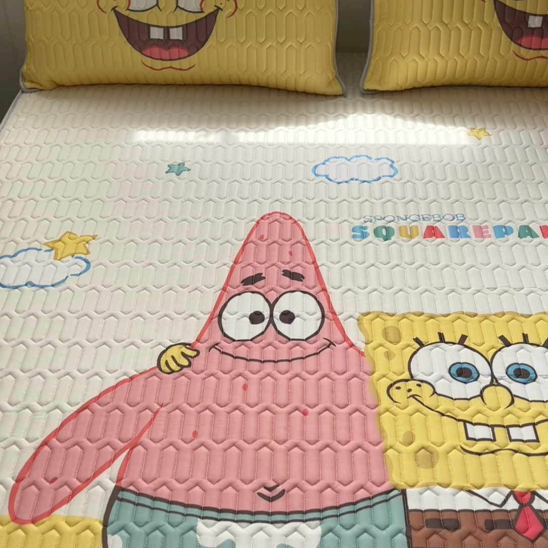 91家纺网 家纺一手货源 找家纺 金爱家 2025新款海绵宝宝乳胶凉席床席款凉席席子 床席款-伙伴海绵宝宝