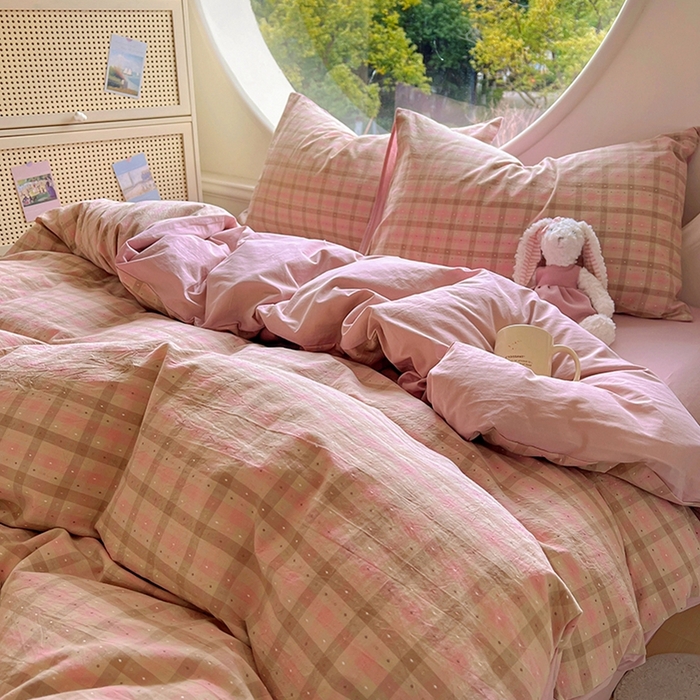 91家纺网 家纺一手货源 找家纺 田野 2025新款全棉水洗棉提花点点系列四件套 点点-粉