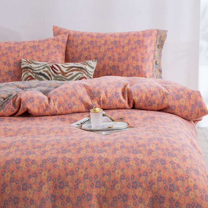 91家纺网 家纺一手货源 找家纺 2025新款全棉色织双层纱纽扣款四件套  清新之歌-粉