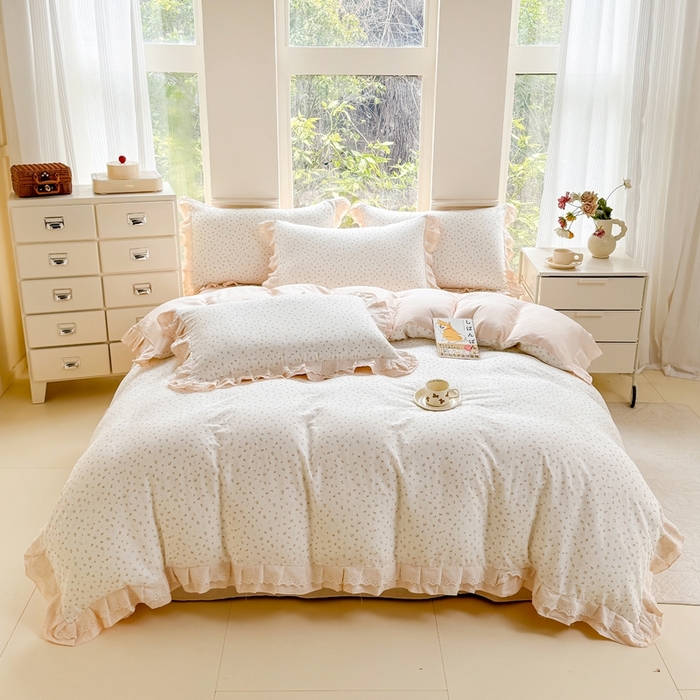 91家纺网 家纺一手货源 找家纺 晨晨家纺2025新款全棉双层花边双层纱四件套 花蕊-黄