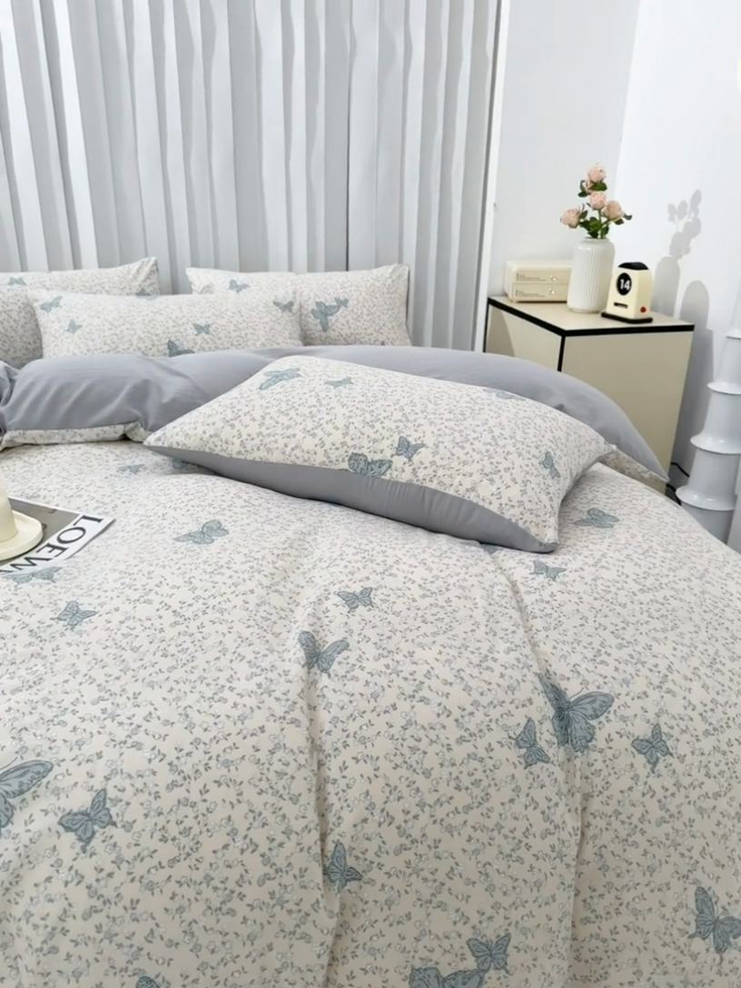 91家纺网 家纺一手货源 找家纺 蕾诺家纺 2025新款直播新款A类有氧提花云纱棉圆角吊边工艺四件套学生三件套 翩翩起舞