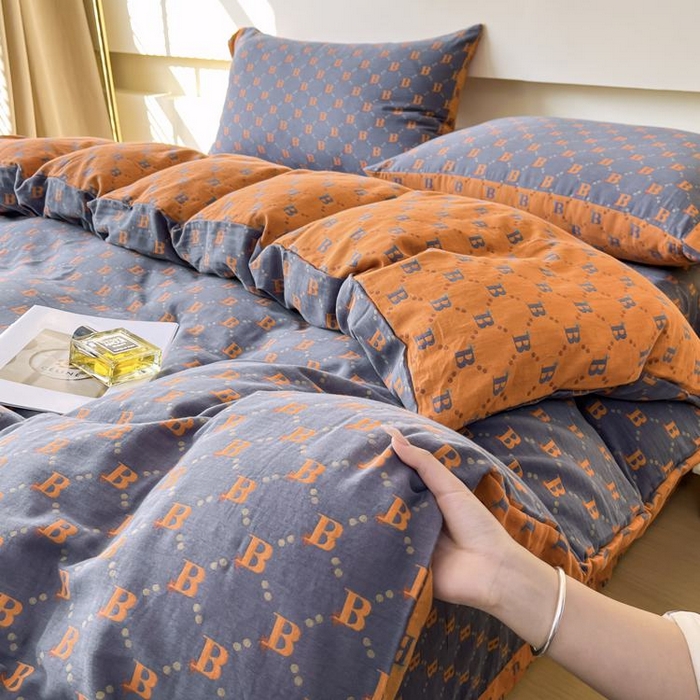 91家纺网 家纺一手货源 找家纺 2025新款全棉色织双层纱纽扣款四件套  城市格调-兰桔