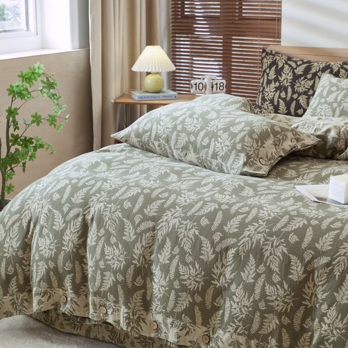 91家纺网 家纺一手货源 找家纺 2025新款全棉色织双层纱纽扣款四件套 扶苏-绿