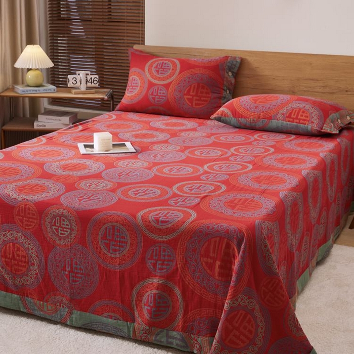 91家纺网 家纺一手货源 找家纺 2025新款全棉色织双层纱纽扣款四件套 福星高照