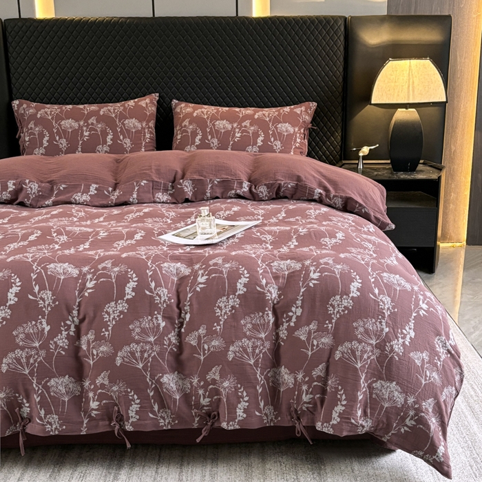 91家纺网 家纺一手货源 找家纺 鲁爱家纺供货 2025新款全棉色织双层纱系带款四件套 云影-豆沙