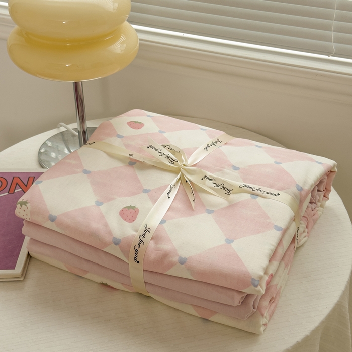 91家纺网 家纺一手货源 找家纺 塔塔家居  2025新款全棉纯棉双层纱床单床笠单品 草莓酱·粉