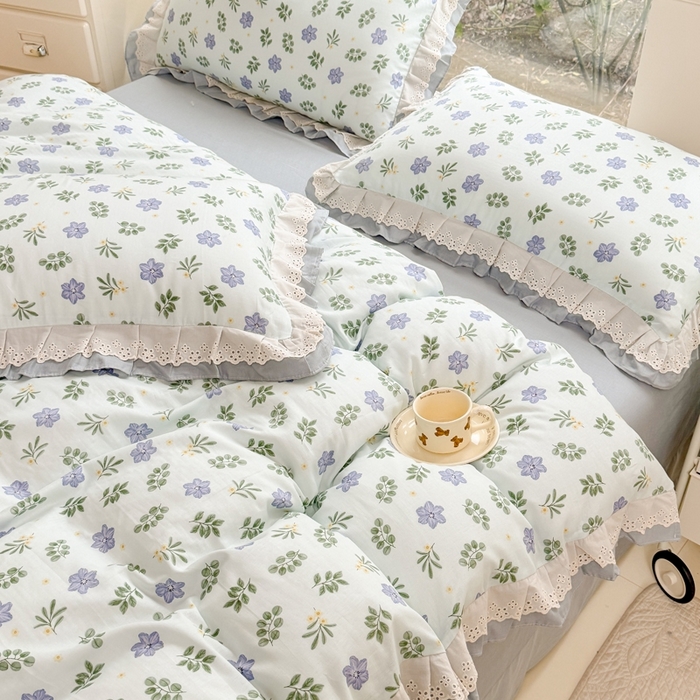 91家纺网 家纺一手货源 找家纺 晨晨家纺2025新款全棉双层花边双层纱四件套 浅浅花漾