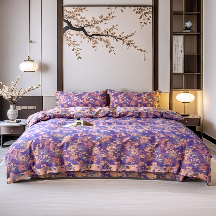 91家纺网 家纺一手货源 找家纺 2025新款全棉色织双层纱纽扣款四件套 花海-紫罗兰