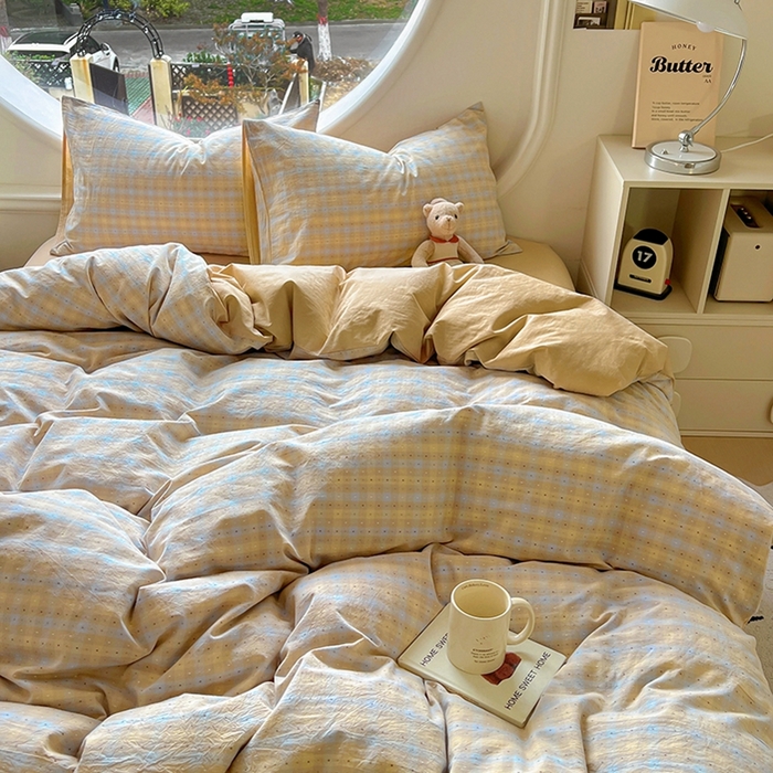 91家纺网 家纺一手货源 找家纺 田野 2025新款全棉水洗棉提花点点系列四件套 点点-兰咖