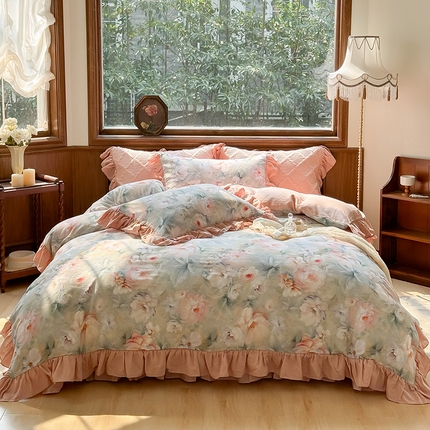 2025新款全棉数码印花双层纱床盖系列 梵花粉梦