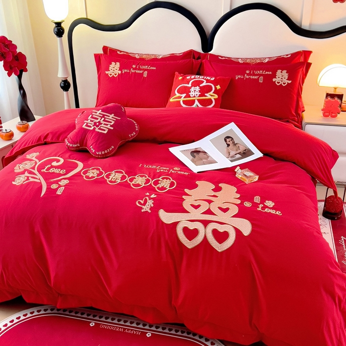 91家纺网 家纺一手货源 找家纺 2025新款100支150克双面长绒棉婚庆绣花四件套 幸福美满