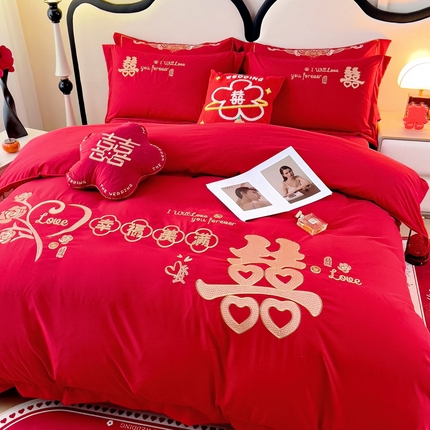 91家纺网 家纺一手货源 找家纺 （总）2025新款100支150克双面长绒棉婚庆绣花四件套