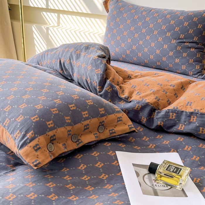 91家纺网 家纺一手货源 找家纺 2025新款全棉色织双层纱纽扣款四件套  城市格调-兰桔