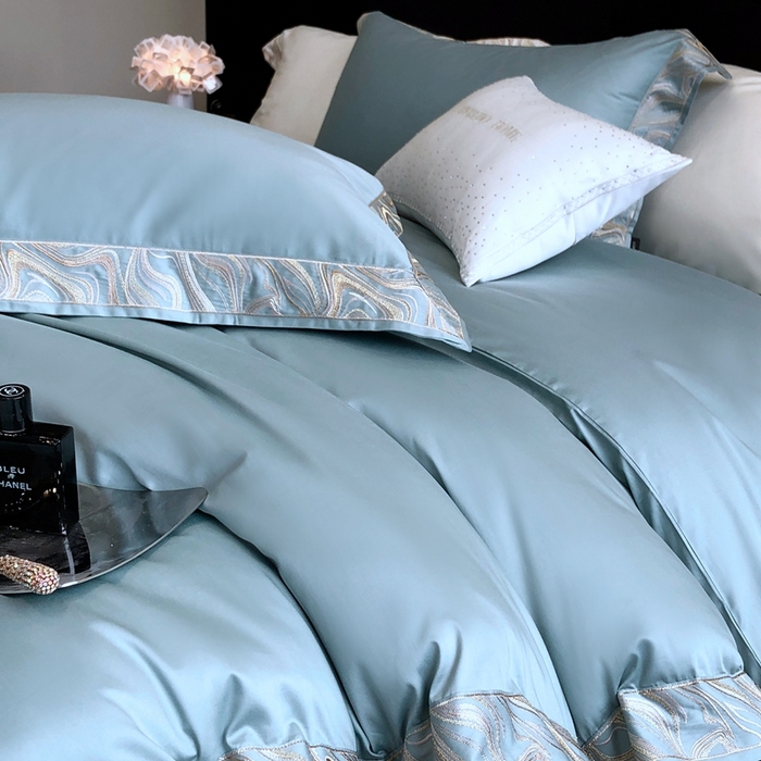 91家纺网 家纺一手货源 找家纺 馨蕊家居 2025新款100s高奢典藏简约全棉系列四件套-棉水漾 水漾-北卡蓝