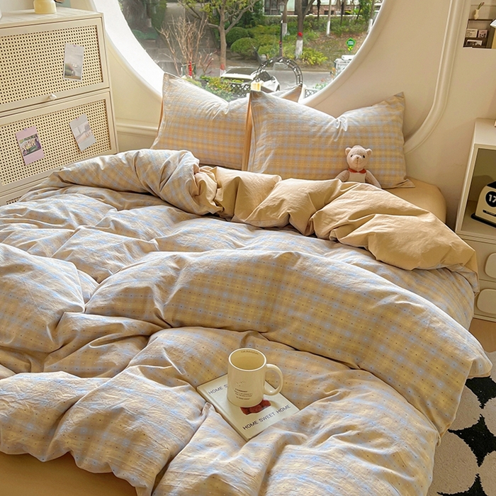 91家纺网 家纺一手货源 找家纺 田野 2025新款全棉水洗棉提花点点系列四件套 点点-兰咖