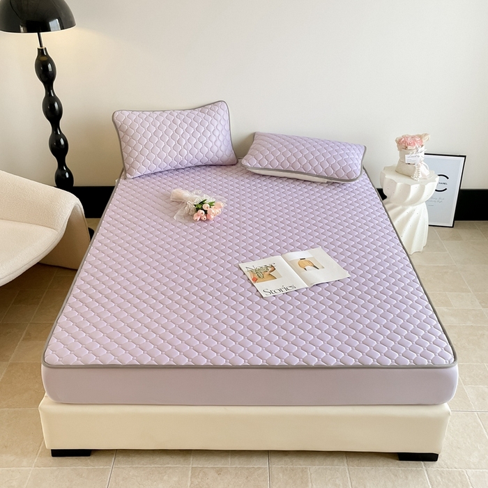 91家纺网 家纺一手货源 找家纺 2025新款加厚乳胶床笠款经典纯色夏被套件 方格-浅紫