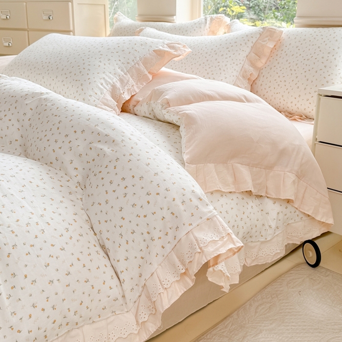 91家纺网 家纺一手货源 找家纺 晨晨家纺2025新款全棉双层花边双层纱四件套 花蕊-黄