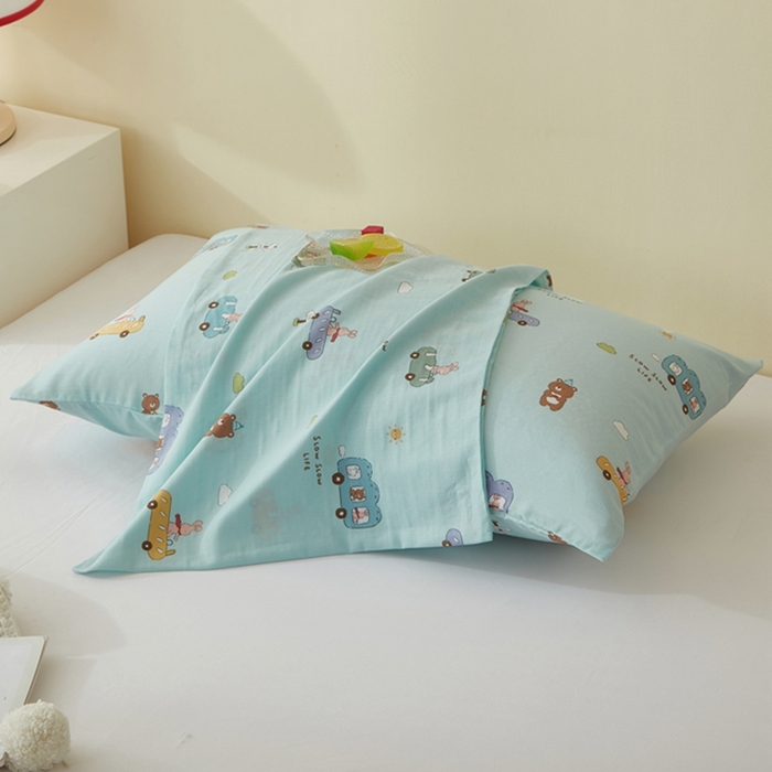 91家纺网 家纺一手货源 找家纺 2025款A类母婴级全棉双层纱枕套_4032 巴士车绿