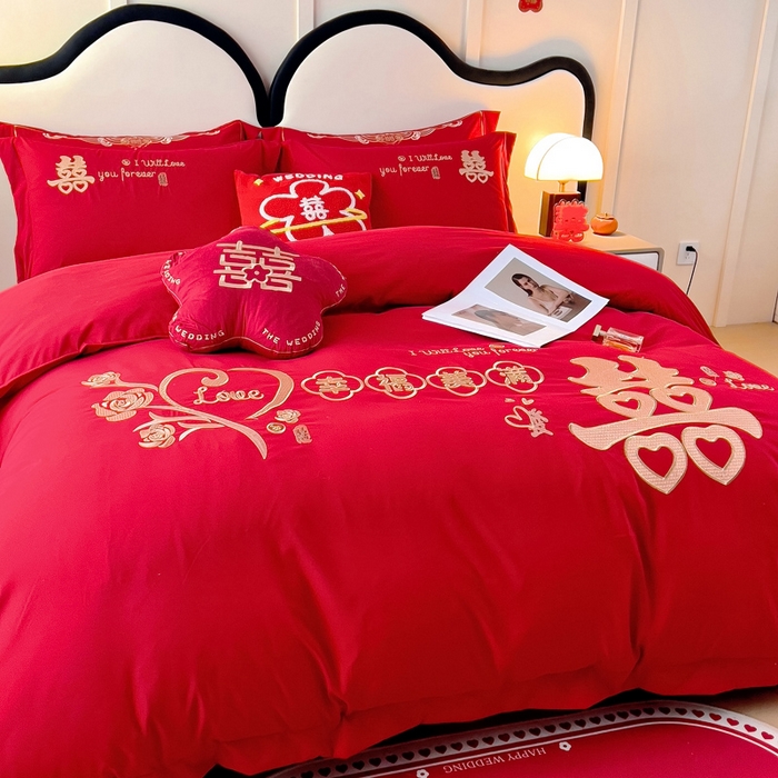 91家纺网 家纺一手货源 找家纺 2025新款100支150克双面长绒棉婚庆绣花四件套 幸福美满