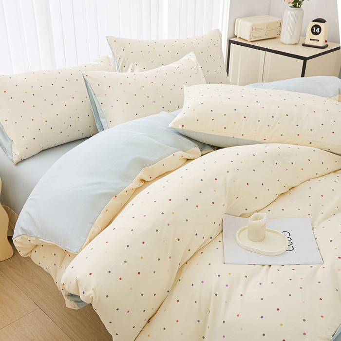 91家纺网 家纺一手货源 找家纺 蕾诺家纺 2025新款直播新款A类有氧提花云纱棉圆角吊边工艺四件套学生三件套 绿波点