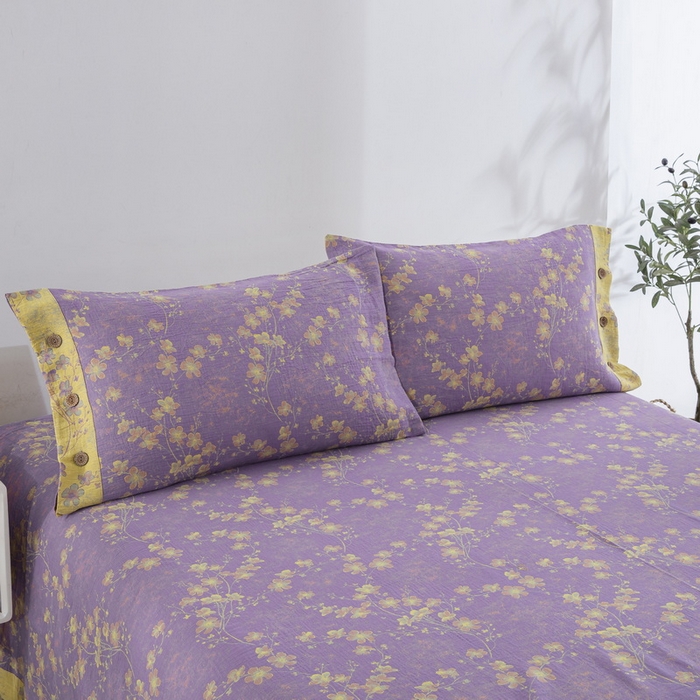 91家纺网 家纺一手货源 找家纺 2025新款全棉色织双层纱纽扣款四件套 织梦-浅紫